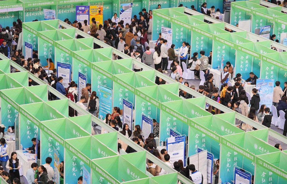 在位于重庆的西南大学，应届毕业生在2025年春季促就业攻坚行动综合类双选会现场了解岗位信息（2025年3月28日摄）。新华社发（秦廷富摄）.jpg
