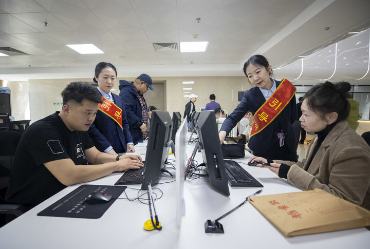 2025年3月21日，在银川市审批服务管理局企业服务大厅，工作人员引导办事人员使用“宁夏企业开办‘一网通办’服务平台”办理业务。新华社记者 杨植森 摄.jpg